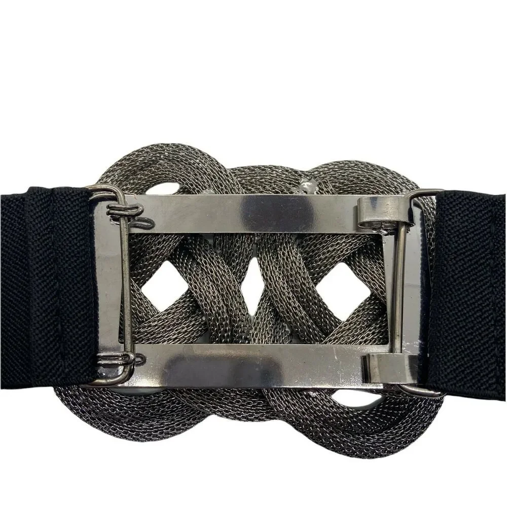 Novelty Stretch Elastic Belt Vintage 80s Women's Black Silver Tone Metal Clasp